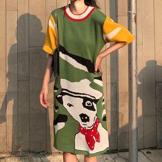 Dog Print Elbow-sleeve Knit Dress As Shown In Figure - One Size