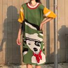 Dog Print Elbow-sleeve Knit Dress As Shown In Figure - One Size