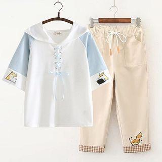 Short-sleeve Cartoon Print Hoodie / Cat Print Straight-cut Pants / Set