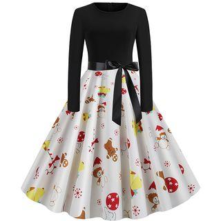 Long-sleeve Panel Cartoon Print Dress