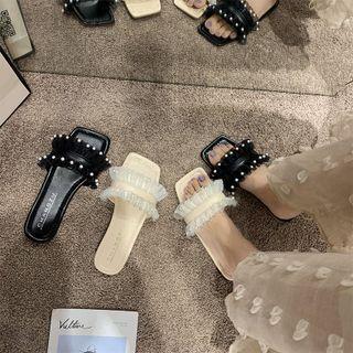 Faux Pearl Mesh Ruffled Flat Slide Sandals