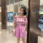 Set Of 2: Plaid Off-shoulder Lantern-sleeve Blouse + Wide-leg Shorts