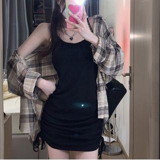 Drawstring Tank Dress / Plaid Shirt