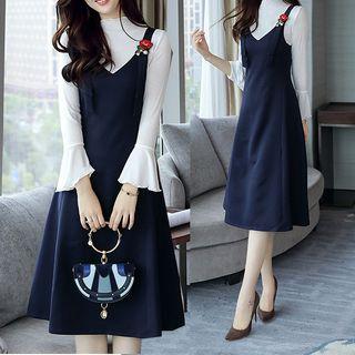Set: Long-sleeve Top + Strappy Jumper Midi Dress