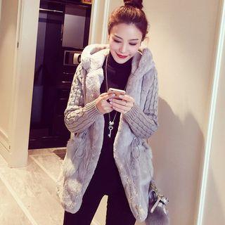 Knit Panel Furry Hooded Coat