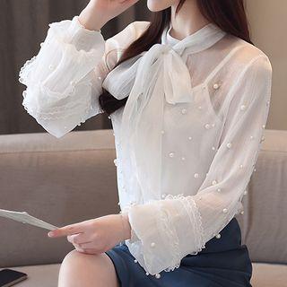 Balloon-sleeves Tie Neck Beaded Chiffon Blouse