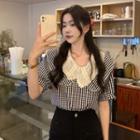 Short-sleeve Wide Collar Gingham Check Blouse Black - One Size