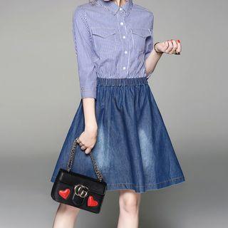 Striped Panel 3/4 Sleeve Denim Shirt Dress