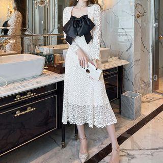 Long-sleeve Bow Accent Lace Midi A-line Dress