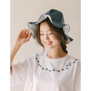 Beribboned Ruffled Denim Bucket Hat Blue - One Size