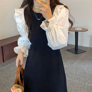 Mock Two-piece Puff-sleeve Ruffled Midi Dress Black - One Size