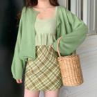 Sleeveless Knit Top / Cardigan / Plaid Mini Pencil Skirt