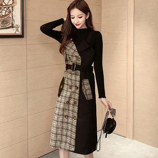 Set: Long-sleeve Mock-neck Knit Top + Double-breasted Pinafore Dress