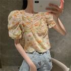 Puff-sleeve Floral Printed Shirred Blouse