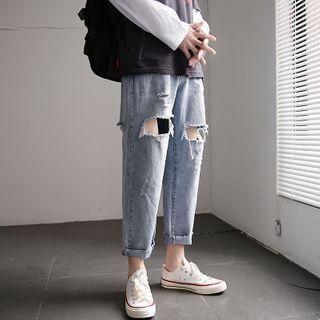 Washed Ripped Straight-cut Pants