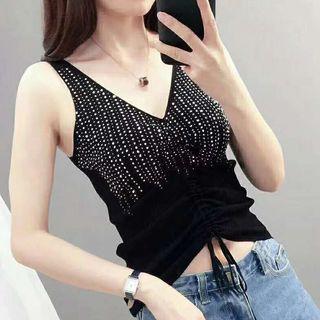 Rhinestone Drawstring Knit Tank Top