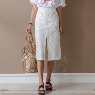 Slit-front Striped Midi Skirt