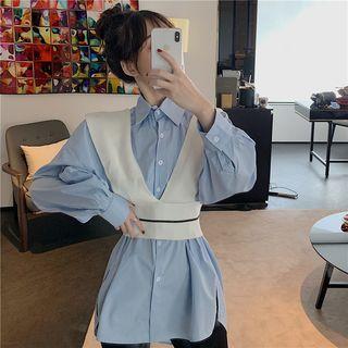 V-neck Knit Vest / Loose-fit Long Shirt