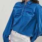 Contrast Trim Long-sleeve Shirred Blouse