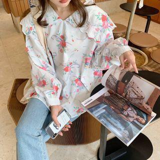Lantern-sleeve Floral Collar Blouse As Shown In Figure - One Size