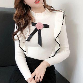 Long-sleeve Ruffled Bow-accent Knit Top