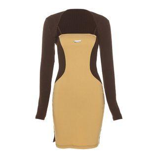 Set: Panel Slit Strappy Mini Bodycon Dress + Plain Long-sleeve Shrug Top