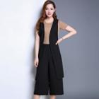 Set: Short-sleeve Top + Long Vest + Wide Leg Capri Pants