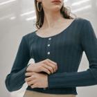 Button-trim Ribbed Knit Crop Top