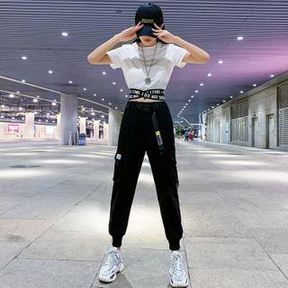 Short-sleeve Lettering Strappy T-shirt / Buckled Cargo Harem Pants
