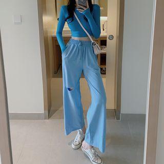 Plain Long-sleeve T-shirt / Distressed Cropped Wide-leg Pants