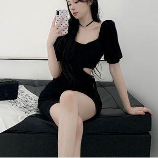 Short-sleeve Cut-out Drawstring Mini Bodycon Dress
