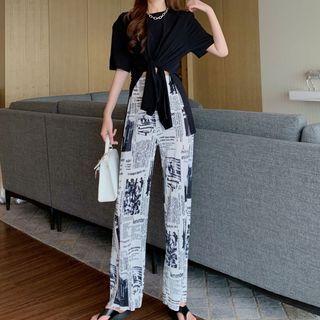 Elbow-sleeve Tie-waist T-shirt / High-waist Print Straight-leg Pants