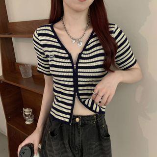 Short-sleeve Striped Zipped Knit Top