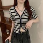 Short-sleeve Striped Zipped Knit Top