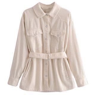 Long-sleeve Sashed Corduroy Shirt