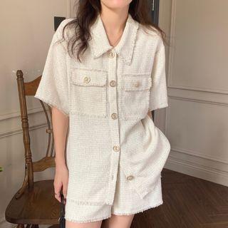 Set: Short-sleeve Fringed Trim Shirt + Shorts Set Of 2 - Shirt & Shorts - White - One Size