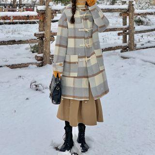 Plaid Hooded Toggle Midi Coat / Maxi A-line Skirt / Long-sleeve Top