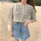 Plaid Short-sleeve V-neck Top