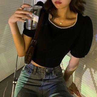 Short-sleeve Embellished Blouse Black - One Size