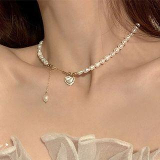 Heart Pendant Faux Pearl Necklace White - One Size