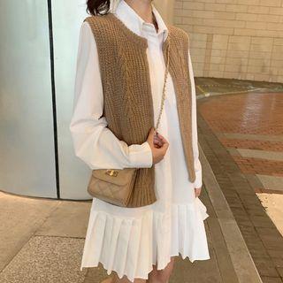 Pleated Long-sleeve Shift Dress / Knit Open Front Vest