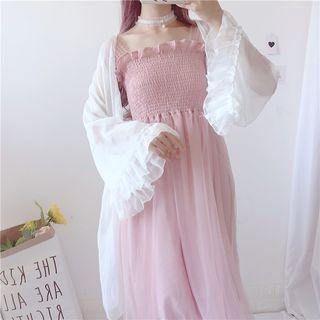 Long Light Jacket / Sleeveless Smocked Midi A-line Mesh Dress