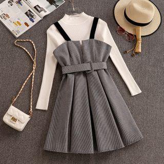 Set: Mock-turtleneck Ribbed Knit Top + Belted Pinafore Dress