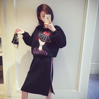 Set: Cartoon Applique Pullover + Midi Skirt