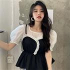 Short-sleeve Mock Two-piece Top Black & White - One Size