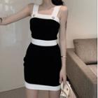 Spaghetti Strap Knit Mini Bodycon Dress Black & White - One Size