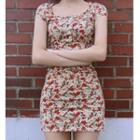 Short-sleeve Floral Mini Sheath Dress As Shown In Figure - One Size