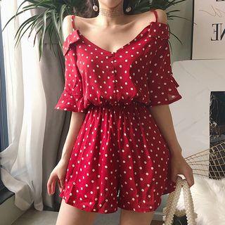 Polka Dot Elbow-sleeve Cold-shoulder Playsuit
