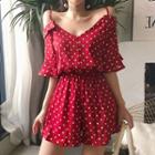 Polka Dot Elbow-sleeve Cold-shoulder Playsuit