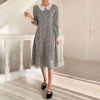 Lace-collar Tie-waist Pattern Dress